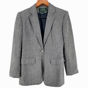 Lauren Ralph Lauren Blazer Women 2 Petite Silk Wool Linen Navy Blue Herringbone
